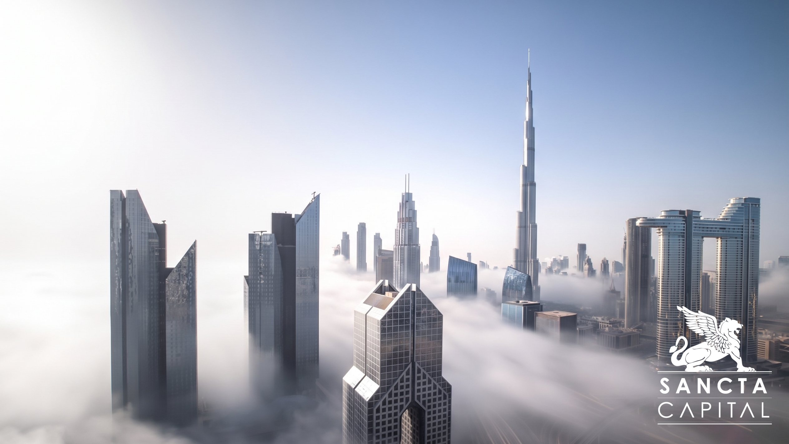 Downtown Dubai rising above morning fog